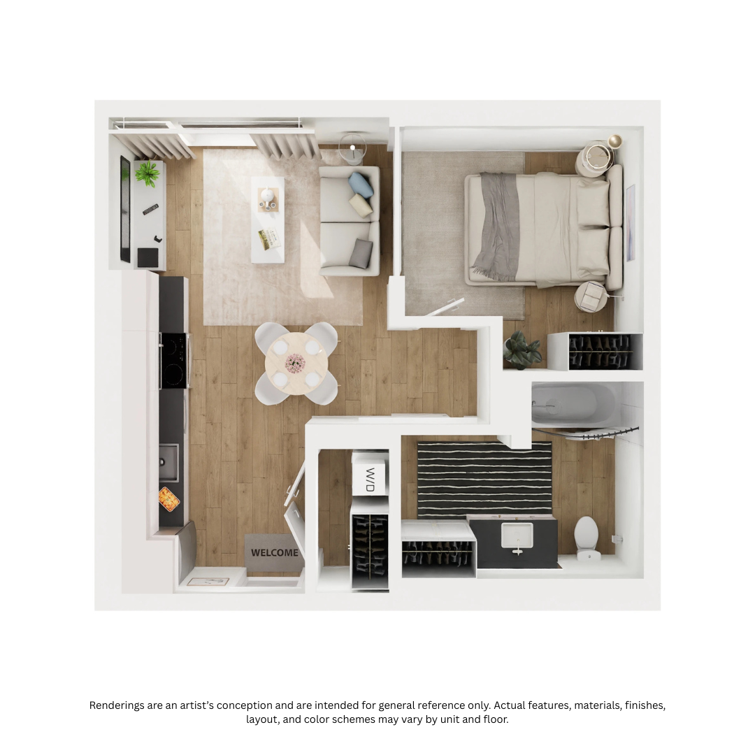 Floor plan for 1 bed, 1 bath, 494 sqft